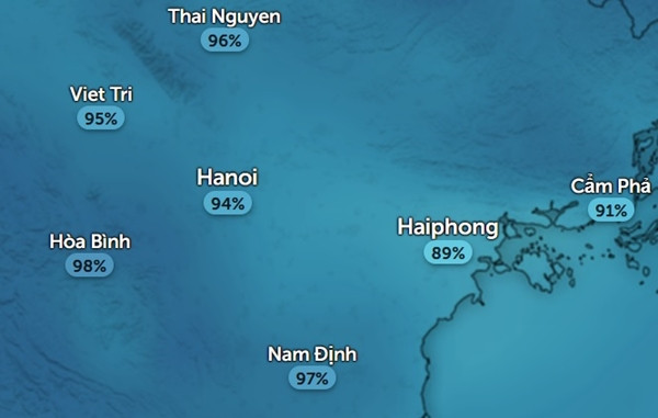 Dự báo độ ẩm ở Hà Nội và một số tỉnh thành miền Bắc vào 6h sáng 6/1, có thể thấy độ ẩm lên rất cao. Ảnh: Zoom Earth, OpenStreetMap. Dự báo độ ẩm ở Hà Nội và một số tỉnh thành miền Bắc vào 6h sáng 6/1, có thể thấy độ ẩm lên rất cao. Ảnh: Zoom Earth, OpenStreetMap.