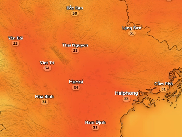 Nhiệt độ cảm nhận ở một số tỉnh thành miền Bắc vào trưa và chiều nay, 13/11. Ảnh: Zoom Earth, OpenStreetMap, ICON.