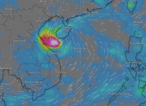 Dự báo của GFS (Hệ thống Dự báo Toàn cầu) của Mỹ: Bão Trami đến gần nước ta từ ngày 26/10, bắt đầu gây mưa ở một số tỉnh thành miền Trung. Ảnh: GFS/ Windy.