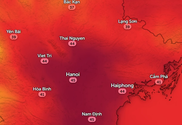 Nhiệt độ cảm nhận ở một số tỉnh thành miền Bắc lúc 13h ngày 7/8. Ảnh: Zoom Earth, OpenStreetMap.