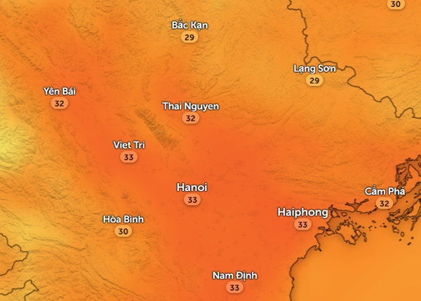 Nhiệt độ cảm nhận ở một số tỉnh thành miền Bắc vào chiều nay, 8/10. Ảnh: Zoom Earth, OpenStreetMap. Nhiệt độ cảm nhận ở một số tỉnh thành miền Bắc vào chiều nay, 8/10. Ảnh: Zoom Earth, OpenStreetMap.