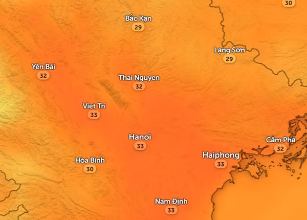 Nhiệt độ cảm nhận ở một số tỉnh thành miền Bắc vào chiều nay, 8/10. Ảnh: Zoom Earth, OpenStreetMap.