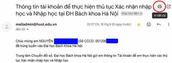 Bạn dùng tính năng in (góc trên bên phải) trong hộp thư để in một e-mail hoàn chỉnh chứ không chỉ copy nội dung e-mail nhé. (Ảnh chụp màn hình).