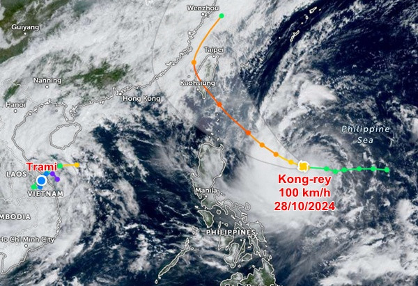 Vị trí hiện tại và đường đi của bão Kong-rey. Ảnh: Zoom Earth, JMA, JTWC. Vị trí hiện tại và đường đi của bão Kong-rey. Ảnh: Zoom Earth, JMA, JTWC.