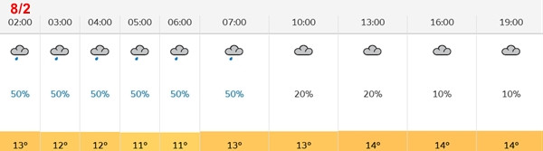 Dự báo nhiệt độ và khả năng mưa (con số %) ở Hà Nội từ sáng đến tối ngày 29 Tết (8/2). Ảnh: Cơ quan khí tượng Vương quốc Anh.