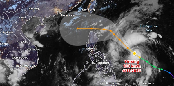 Vị trí hiện tại và đường đi dự báo của bão Yinxing, theo JTWC. Ảnh: Zoom Earth, JMA, JTWC.