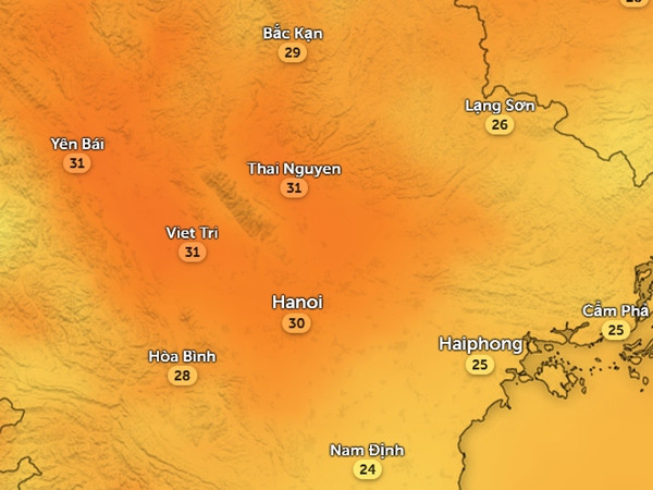 Nhiệt độ cảm nhận ở một số tỉnh thành miền Bắc vào trưa và chiều nay, 30/10. Ảnh: Zoom Earth, OpenStreetMap, DWD. Nhiệt độ cảm nhận ở một số tỉnh thành miền Bắc vào trưa và chiều nay, 30/10. Ảnh: Zoom Earth, OpenStreetMap, DWD.