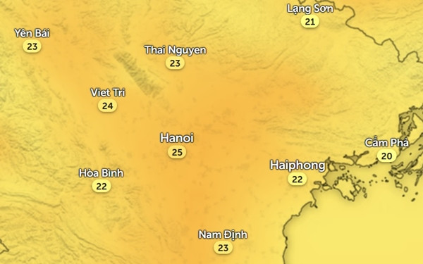 Nhiệt độ Hà Nội và một số tỉnh thành miền Bắc vào chiều mùng 3 Tết (12/2). Ảnh: Zoom Earth, OpenStreetMap.