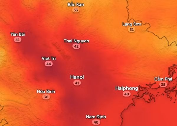 Nhiệt độ ở một số tỉnh thành miền Bắc vào chiều nay, 2/7. Ảnh: Zoom Earth, OpenStreetMap.