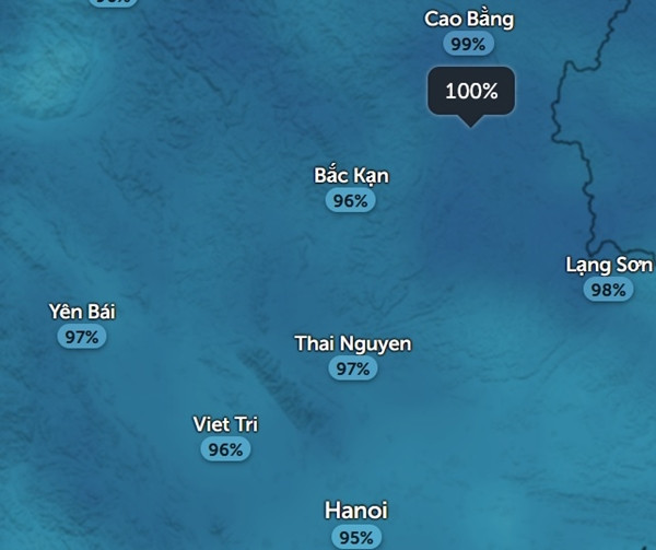 Độ ẩm ở một số tỉnh thành miền Bắc vào sáng sớm thứ Ba, 12/3. Có nơi lên đến 100%. Ảnh: Zoom Earth, OpenStreetMap. Độ ẩm ở một số tỉnh thành miền Bắc vào sáng sớm thứ Ba, 12/3. Có nơi lên đến 100%. Ảnh: Zoom Earth, OpenStreetMap.