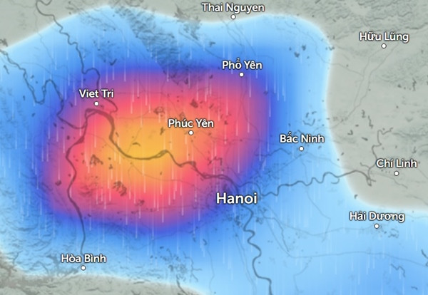 Dự báo mưa ở một số nơi tại miền Bắc vào tối nay (màu xanh da trời là mưa nhỏ đến vừa, màu đỏ và cam là mưa vừa đến mưa to). Ảnh: Zoom Earth, OpenStreetMap.