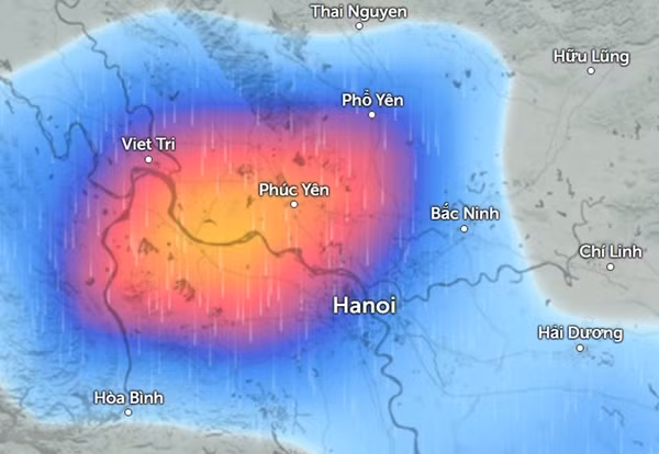 Dự báo mưa ở một số nơi tại miền Bắc vào tối nay (màu xanh da trời là mưa nhỏ đến vừa, màu đỏ và cam là mưa vừa đến mưa to). Ảnh: Zoom Earth, OpenStreetMap.