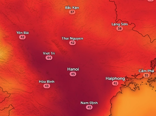 Nhiệt độ cảm nhận thực tế ngoài trời ở một số tỉnh thành miền Bắc vào chiều mai, 25/4. Ảnh: Zoom Earth, OpenStreetMap. Nhiệt độ cảm nhận thực tế ngoài trời ở một số tỉnh thành miền Bắc vào chiều mai, 25/4. Ảnh: Zoom Earth, OpenStreetMap.
