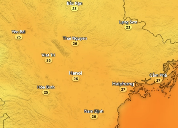 Nhiệt độ cảm nhận thực tế ngoài trời ở một số tỉnh thành miền Bắc vào 7h sáng thứ Hai, 13/5. Ảnh: Zoom Earth, OpenStreetMap. Nhiệt độ cảm nhận thực tế ngoài trời ở một số tỉnh thành miền Bắc vào 7h sáng thứ Hai, 13/5. Ảnh: Zoom Earth, OpenStreetMap.