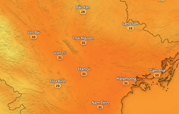Nhiệt độ cảm nhận ở một số tỉnh thành miền Bắc vào chiều nay, 4/10. Ảnh: Zoom Earth, OpenStreetMap. Nhiệt độ cảm nhận ở một số tỉnh thành miền Bắc vào chiều nay, 4/10. Ảnh: Zoom Earth, OpenStreetMap.