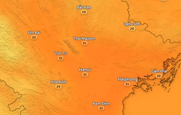 Nhiệt độ cảm nhận ở một số tỉnh thành miền Bắc vào chiều nay, 4/10. Ảnh: Zoom Earth, OpenStreetMap.