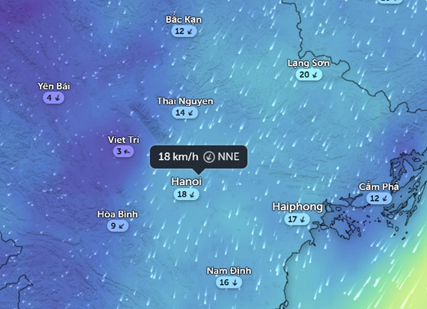 Các tỉnh thành ở Đông Bắc Bộ và một số nơi ở Bắc Trung Bộ đang có không khí lạnh với gió Bắc - Đông Bắc. Ảnh: Zoom Earth, OpenStreetMap. Các tỉnh thành ở Đông Bắc Bộ và một số nơi ở Bắc Trung Bộ đang có không khí lạnh với gió Bắc - Đông Bắc. Ảnh: Zoom Earth, OpenStreetMap.