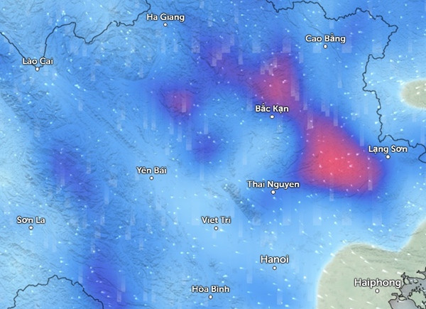 Dự báo mưa ở nhiều tỉnh thành miền Bắc vào chiều đến chiều tối nay. (Màu xanh da trời là mưa nhỏ đến vừa, màu hồng tím là mưa vừa đến mưa to). Ảnh: Zoom Earth, OpenStreetMap. Dự báo mưa ở nhiều tỉnh thành miền Bắc vào chiều đến chiều tối nay. (Màu xanh da trời là mưa nhỏ đến vừa, màu hồng tím là mưa vừa đến mưa to). Ảnh: Zoom Earth, OpenStreetMap.
