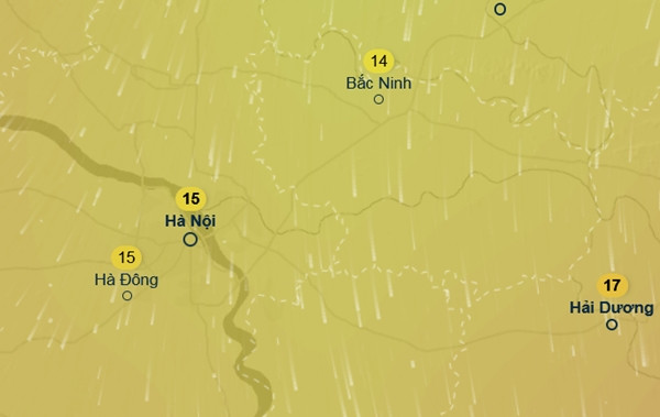 Tối thứ Bảy, 7/12, nhiệt độ Hà Nội giảm sâu, có thể sát mức rét đậm. Ảnh: Ventusky, GFS.