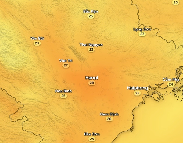Dự báo nhiệt độ Hà Nội và một số tỉnh thành miền Bắc vào chiều nay, 8/1, nhiều nơi tròi khá nóng. Ảnh: Zoom Earth, OpenStreetMap. Dự báo nhiệt độ Hà Nội và một số tỉnh thành miền Bắc vào chiều nay, 8/1, nhiều nơi tròi khá nóng. Ảnh: Zoom Earth, OpenStreetMap.