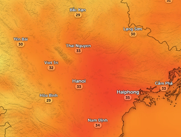 Nhiệt độ cảm nhận ở một số tỉnh thành miền Bắc vào trưa và đầu giờ chiều nay, 15/10. Ảnh: Zoom Earth, OpenStreetMap. Nhiệt độ cảm nhận ở một số tỉnh thành miền Bắc vào trưa và đầu giờ chiều nay, 15/10. Ảnh: Zoom Earth, OpenStreetMap.