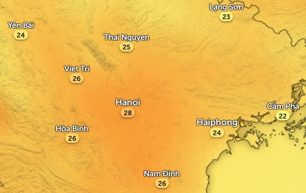 Nhiệt độ Hà Nội và một số tỉnh thành miền Bắc vào chiều mùng 5 Tết (14/2). Ảnh: Zoom Earth, OpenStreetMap. Nhiệt độ Hà Nội và một số tỉnh thành miền Bắc vào chiều mùng 5 Tết (14/2). Ảnh: Zoom Earth, OpenStreetMap.