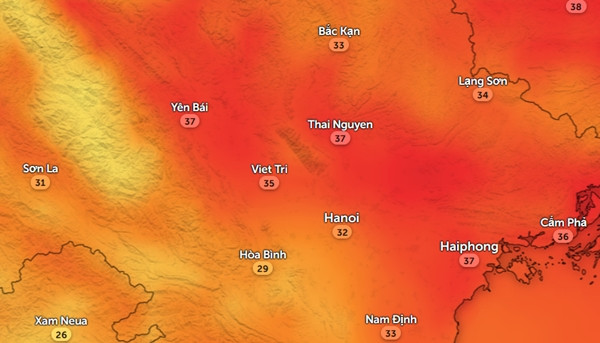 Dự báo nhiệt độ cảm nhận mưa ở một số tỉnh thành miền Bắc vào chiều thứ Sáu, 13/9. Ảnh: Zoom Earth, OpenStreetMap. Dự báo nhiệt độ cảm nhận mưa ở một số tỉnh thành miền Bắc vào chiều thứ Sáu, 13/9. Ảnh: Zoom Earth, OpenStreetMap.