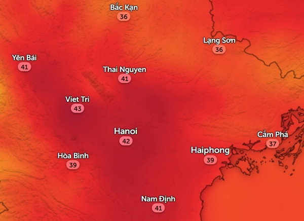 Nhiệt độ cảm nhận ở một số tỉnh thành miền Bắc vào trưa và chiều nay, 7/7. Ảnh: Zoom Earth, OpenStreetMap.