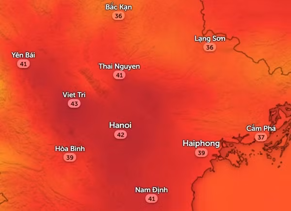 Nhiệt độ cảm nhận ở một số tỉnh thành miền Bắc vào trưa và chiều nay, 7/7. Ảnh: Zoom Earth, OpenStreetMap.