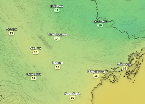 Nhiệt độ cảm nhận ở một số tỉnh thành miền Bắc vào sáng sớm mai, 12/12: Trời rét, có nơi rét hại. Ảnh: Zoom Earth, OpenStreetMap, GFS. Nhiệt độ cảm nhận ở một số tỉnh thành miền Bắc vào sáng sớm mai, 12/12: Trời rét, có nơi rét hại. Ảnh: Zoom Earth, OpenStreetMap, GFS.
