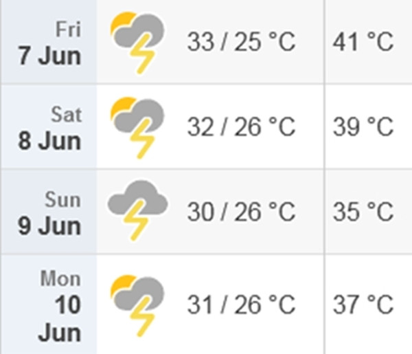 Dự báo nhiệt độ cao nhất/ thấp nhất và nhiệt độ cảm nhận thực tế ngoài trời ở Hà Nội từ thứ Sáu đến thứ Hai (7/6 đến 10/6). Ảnh: Time and Date.
