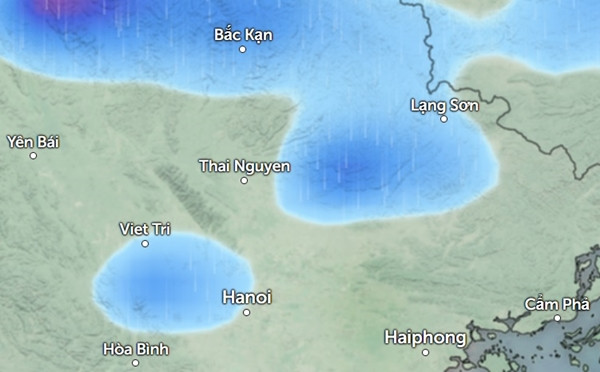 Dự báo Hà Nội và một số tỉnh thành miền Bắc có mưa vào sáng 22/1 (màu càng đậm là mưa càng to). Ảnh: Zoom Earth, OpenStreetMap. Dự báo Hà Nội và một số tỉnh thành miền Bắc có mưa vào sáng 22/1 (màu càng đậm là mưa càng to). Ảnh: Zoom Earth, OpenStreetMap.
