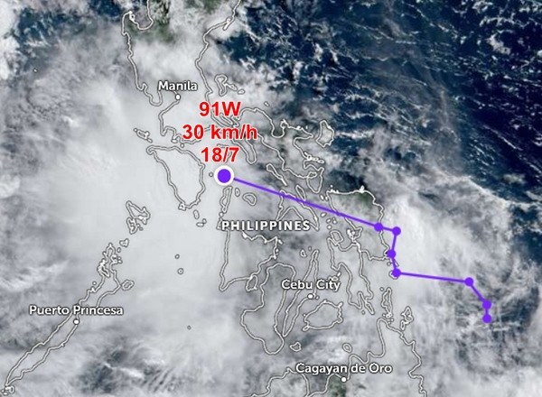 Đường đi và vị trí của áp thấp 91W. Ảnh: Zoom Earth, JMA. Đường đi và vị trí của áp thấp 91W. Ảnh: Zoom Earth, JMA.