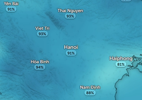 Độ ẩm ở Hà Nội và một số tỉnh thành miền Bắc vẫn rất cao vào chiều ngày 13/1. Ảnh: Zoom Earth, OpenStreetMap. Độ ẩm ở Hà Nội và một số tỉnh thành miền Bắc vẫn rất cao vào chiều ngày 13/1. Ảnh: Zoom Earth, OpenStreetMap.