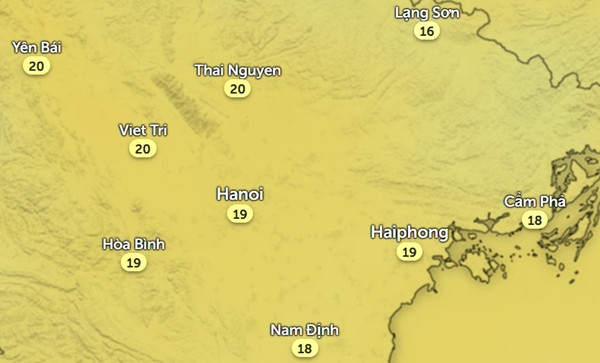 Nhiệt độ Hà Nội và một số tỉnh thành miền Bắc vào tối muộn ngày mùng 6 Tết (15/2), khi có không khí lạnh. Ảnh: Zoom Earth, OpenStreetMap. Nhiệt độ Hà Nội và một số tỉnh thành miền Bắc vào tối muộn ngày mùng 6 Tết (15/2), khi có không khí lạnh. Ảnh: Zoom Earth, OpenStreetMap.