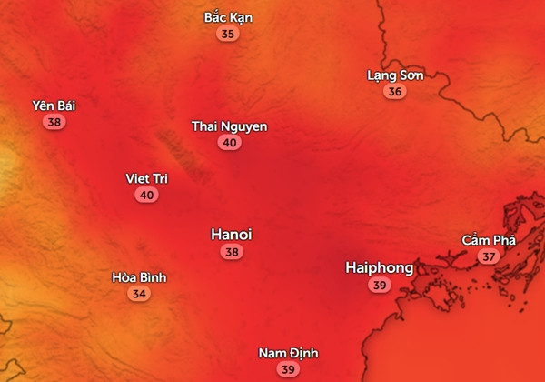 Nhiệt độ cảm nhận ở một số tỉnh thành miền Bắc vào chiều 1/9. Ảnh: Zoom Earth, OpenStreetMap.