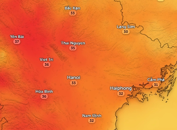 Nhiệt độ ở một số tỉnh thành miền Bắc chiều mai, 5/4. Ảnh: Zoom Earth, OpenStreetMap.