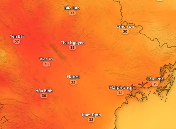 Nhiệt độ ở một số tỉnh thành miền Bắc chiều mai, 5/4. Ảnh: Zoom Earth, OpenStreetMap.