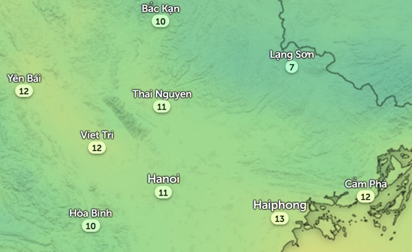 Nhiệt độ Hà Nội và một số tỉnh thành miền Bắc vào sáng sớm 30 Tết (9/2), đây được cho là thời điểm rét nhất trong đợt lạnh này. Ảnh: Zoom Earth, OpenStreetMap. Nhiệt độ Hà Nội và một số tỉnh thành miền Bắc vào sáng sớm 30 Tết (9/2), đây được cho là thời điểm rét nhất trong đợt lạnh này. Ảnh: Zoom Earth, OpenStreetMap.
