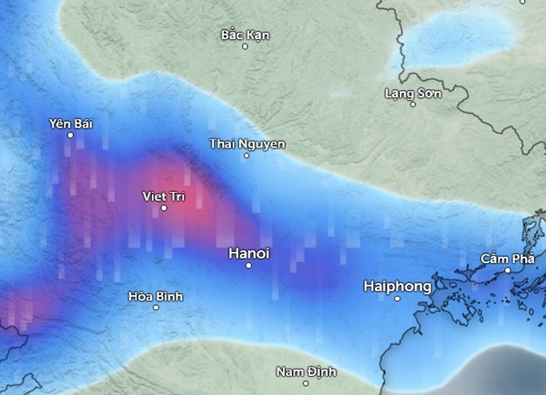 Dự báo mưa ở nhiều tỉnh thành miền Bắc vào sáng mai, 29/3. Màu xanh nhạt là mưa nhỏ đến vừa, xanh sẫm và hồng tím là mưa vừa đến mưa to. Ảnh: Zoom Earth, OpenStreetMap. Dự báo mưa ở nhiều tỉnh thành miền Bắc vào sáng mai, 29/3. Màu xanh nhạt là mưa nhỏ đến vừa, xanh sẫm và hồng tím là mưa vừa đến mưa to. Ảnh: Zoom Earth, OpenStreetMap.