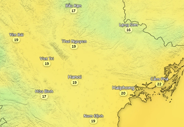 Nhiệt độ ở một số tỉnh thành miền Bắc vào trưa và đầu giờ chiều nay, 26/11. Ảnh: Zoom Earth, OpenStreetMap, ICON.