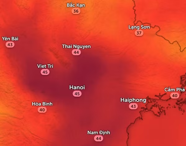 Nhiệt độ cảm nhận ở một số tỉnh thành miền Bắc vào trưa và chiều nay, 19/6. Ảnh: Zoom Earth, OpenStreetMap.