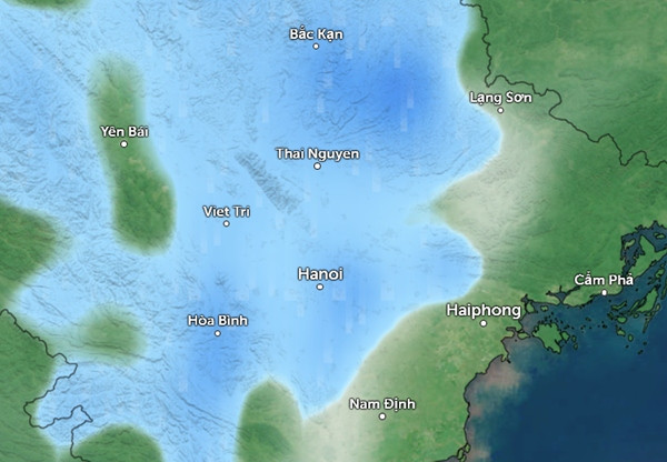 Dự báo mưa ở một số tỉnh thành miền Bắc vào chiều mai, 15/10 (những vùng màu xanh da trời là mưa nhỏ đến vừa). Ảnh: Zoom Earth, OpenStreetMap. Dự báo mưa ở một số tỉnh thành miền Bắc vào chiều mai, 15/10 (những vùng màu xanh da trời là mưa nhỏ đến vừa). Ảnh: Zoom Earth, OpenStreetMap.