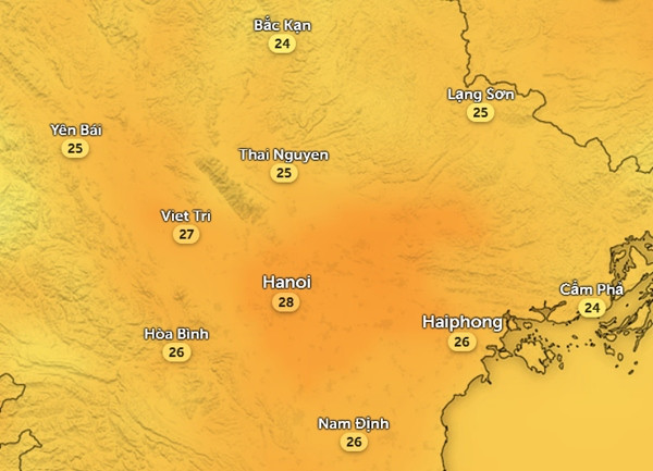 Nhiệt độ cảm nhận ở một số tỉnh thành miền Bắc vào trưa và chiều nay, 3/12 (và cả ngày mai, ngày kia). Ảnh: Zoom Earth, OpenStreetMap, ICON.