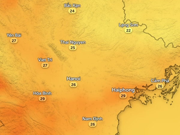 Nhiệt độ ở một số tỉnh thành miền Bắc chiều thứ Hai, 8/4. Ảnh: Zoom Earth, OpenStreetMap.