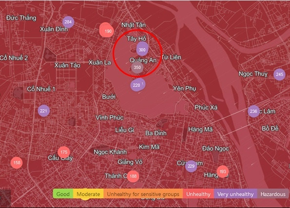 Khu vực có chất lượng không khí kém nhất ở Hà Nội sáng nay. (Ảnh chụp màn hình IQAir).