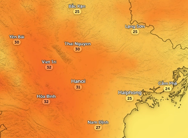 Nhiệt độ ở một số tỉnh thành miền Bắc chiều 15/3. Ảnh: Zoom Earth, OpenStreetMap.