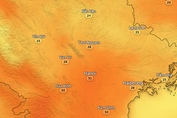 Nhiệt độ ở một số tỉnh thành miền Bắc chiều thứ Sáu, 22/3: Trời khá nóng. Ảnh: Zoom Earth, OpenStreetMap.