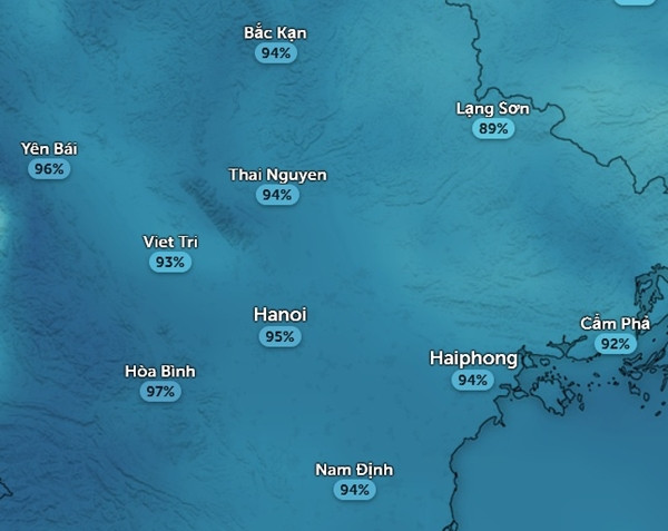 Độ ẩm rất cao ở một số tỉnh thành miền Bắc vào sáng nay, 22/2. Ảnh: Zoom Earth, OpenStreetMap. Độ ẩm rất cao ở một số tỉnh thành miền Bắc vào sáng nay, 22/2. Ảnh: Zoom Earth, OpenStreetMap.