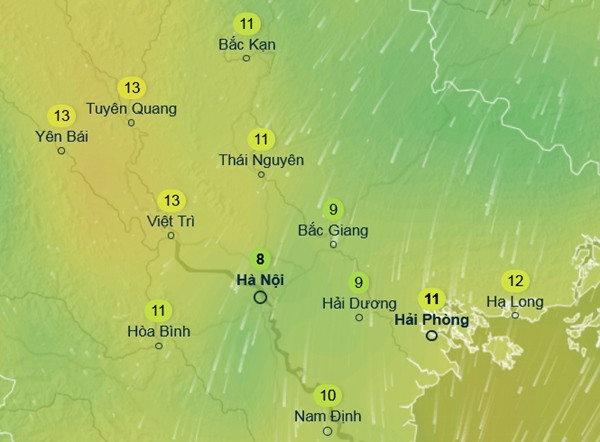 Nhiệt độ cảm nhận ở một số tỉnh thành miền Bắc vào sáng sớm 15/12 - đây được dự báo là thời điểm mà Hà Nội chạm mức nhiệt độ thấp nhất trong cả tháng này. Ảnh: Ventusky, GFS.